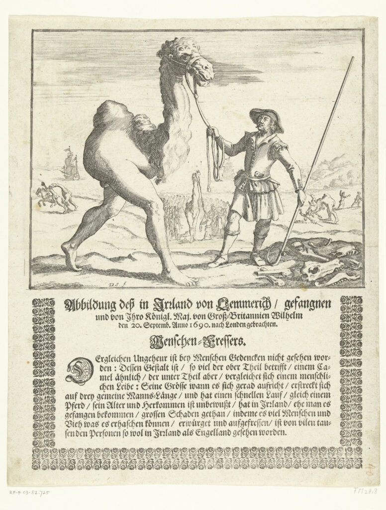 Poster featuring monsters with the bottom of a man and the top of a camel. The monsters are fighting men, trying to escape capture.