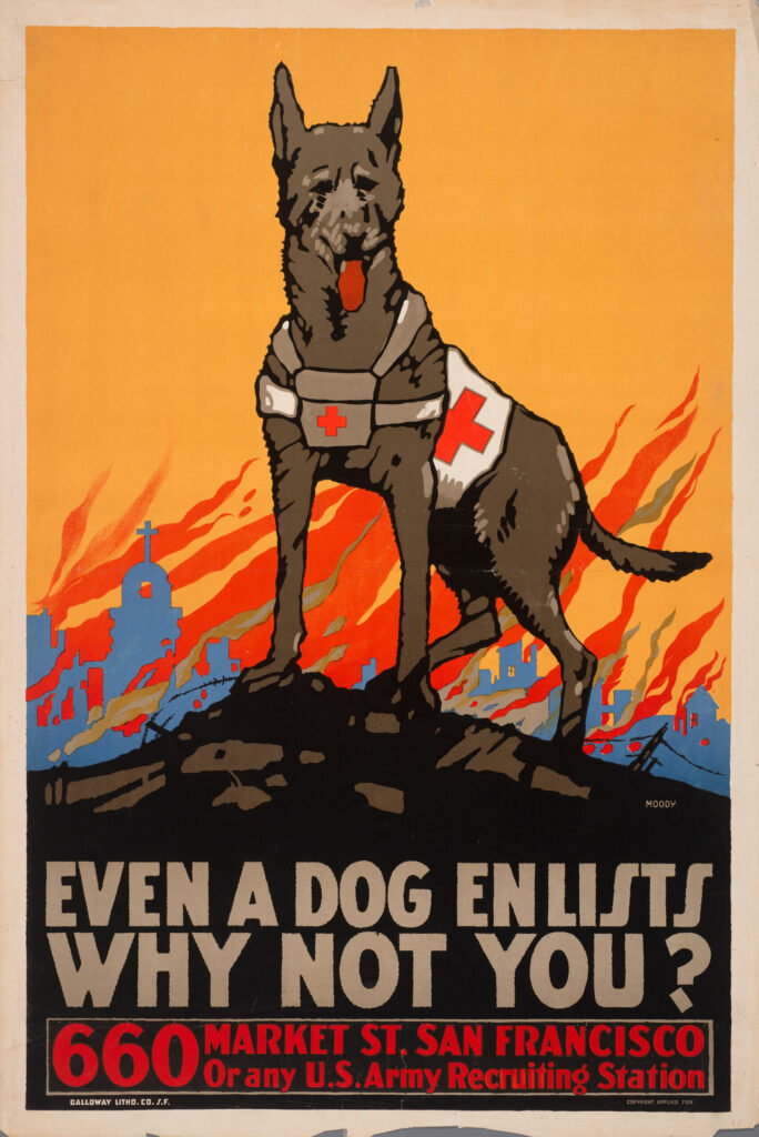 War Poster that shows a dog and says "Even a dog enlists why not you?".