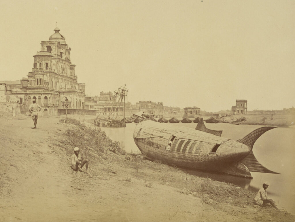 A fish shaped boat wrecked on a river bank. 