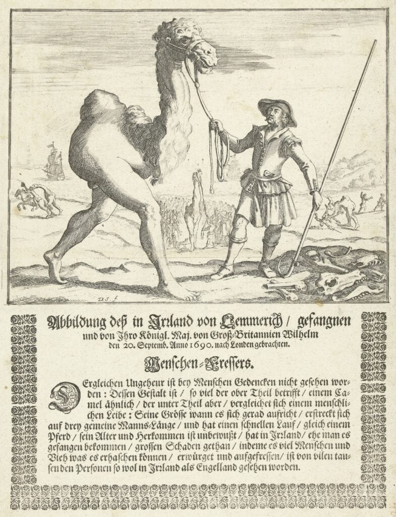 A half camel half man creature being led by a human via leash. 