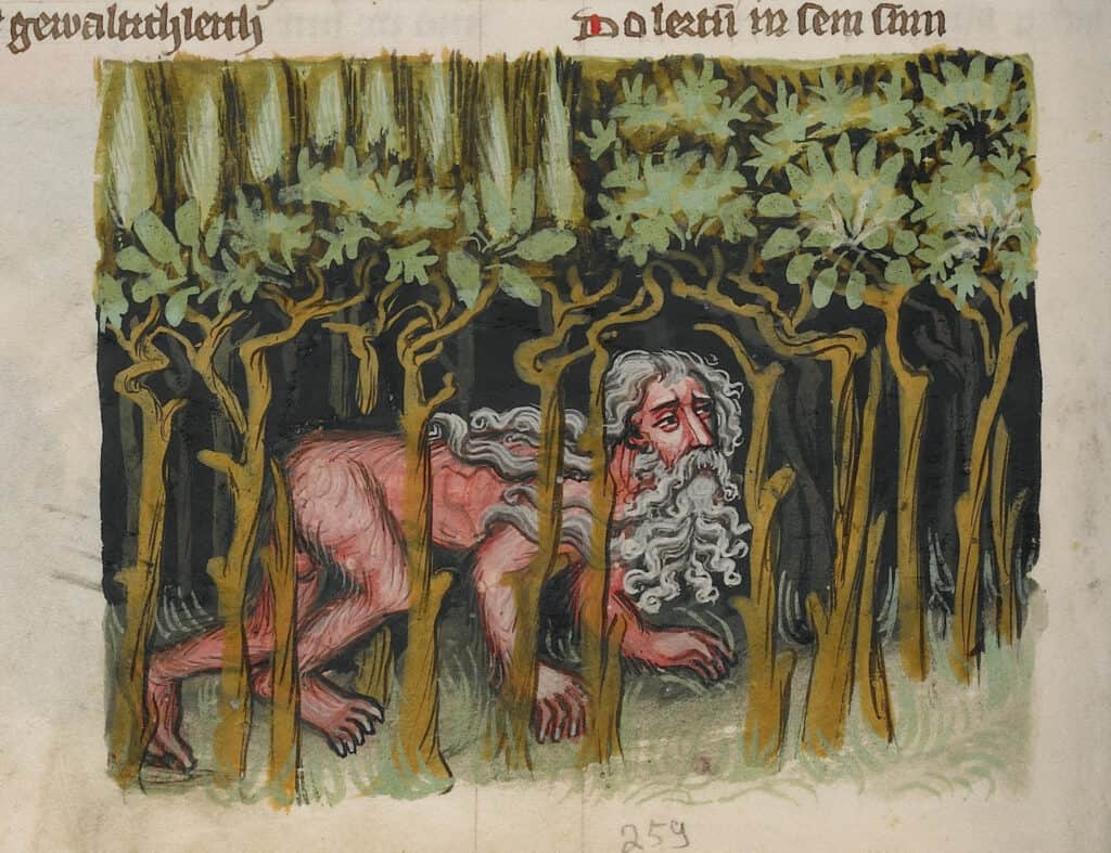 A naked old man walking on all fours through a forest.