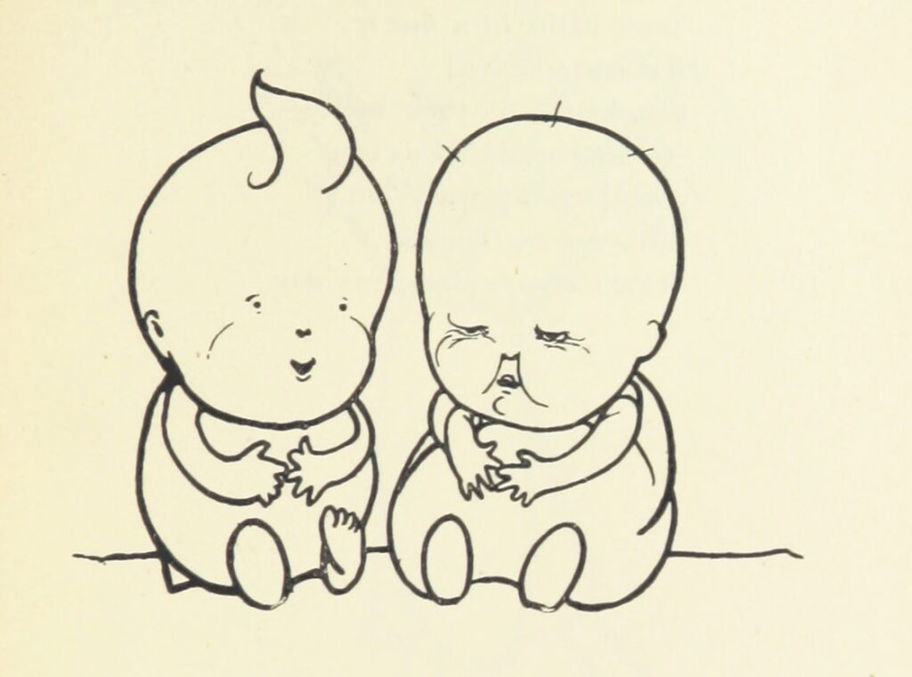 Very awake and happy baby next to a grumpy sleepy baby.