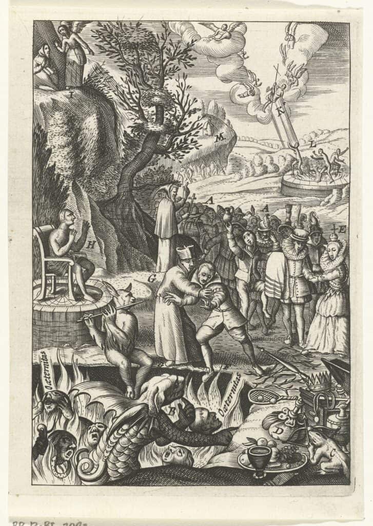 People on the edge of a cliff looking down at a hellscape. 