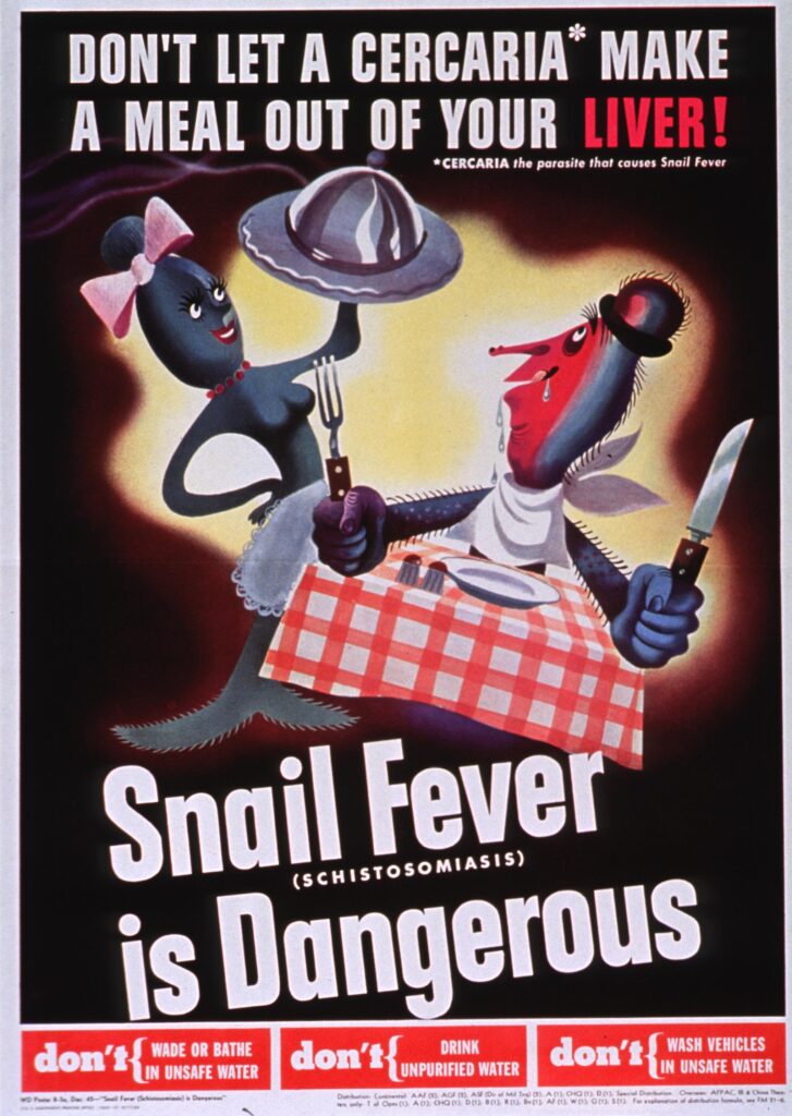 Vintage medical PSA featuring a humanoid parasite couple enjoying dinner.