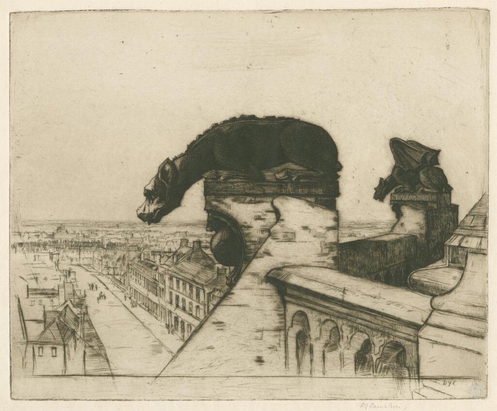 Chimera creatures that resemble gargoyles, on top of a roof. 