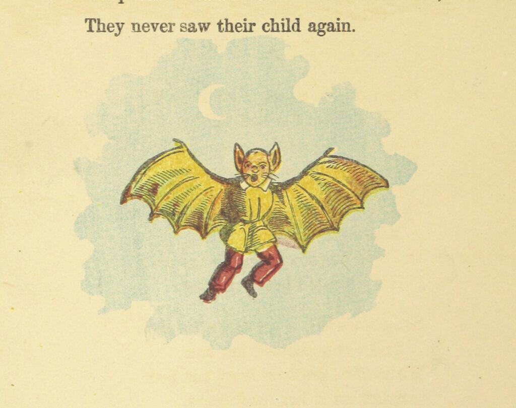 A picture of a bat boy flying in the sky.