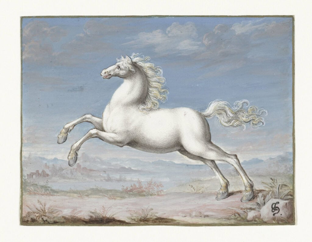 A drawing of a white horse galloping, it has a silly smile on its face.